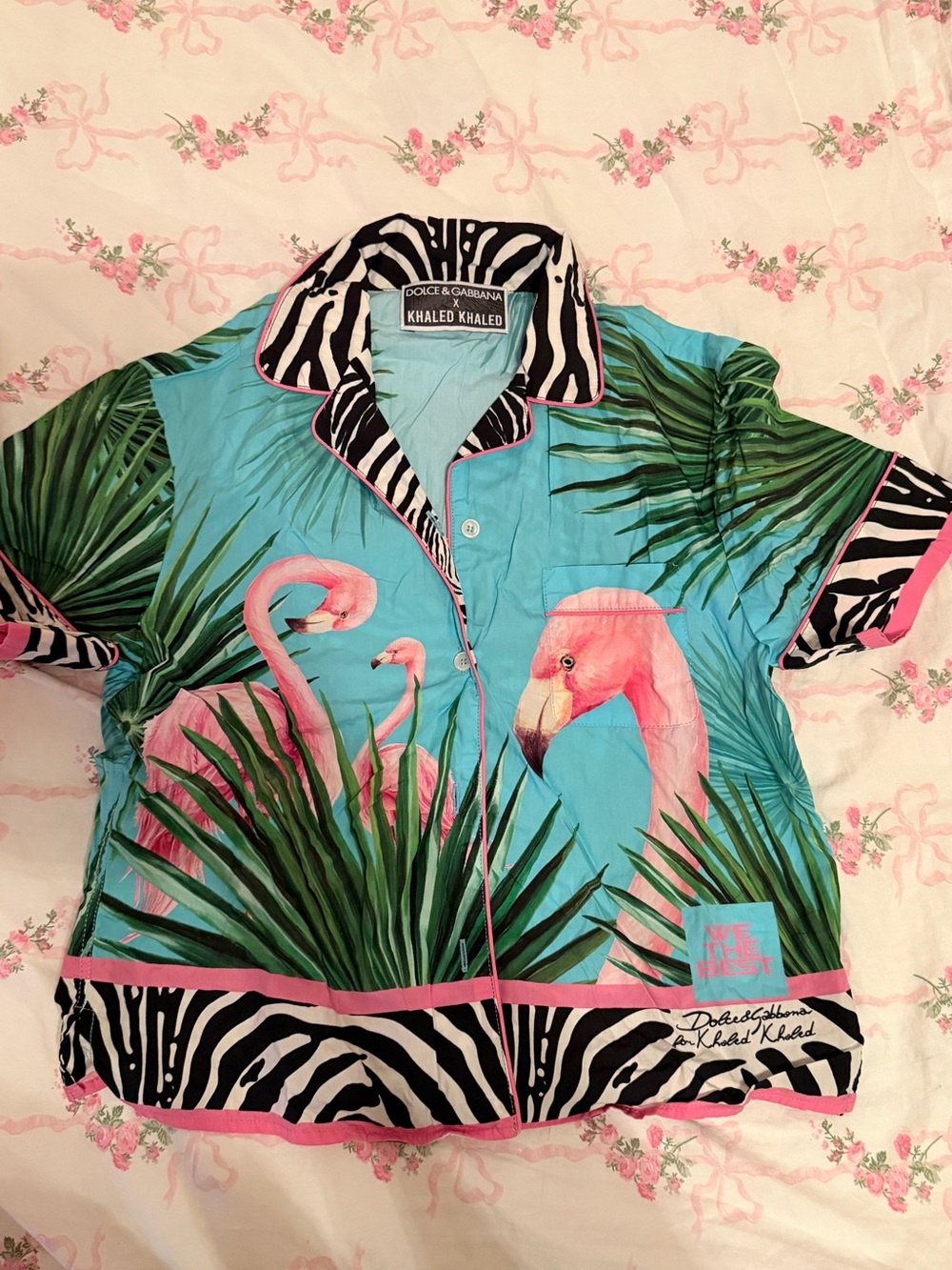 Dolce & Gabbana Turquoise Flamingo Print Button-Down Shirt